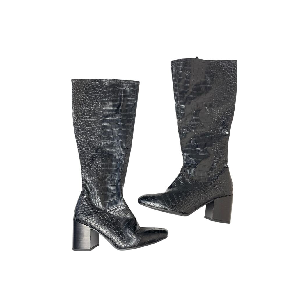 Franco Sarto Tribute Black Alligator Knee High Square Toe Boots Size 8M Zipper